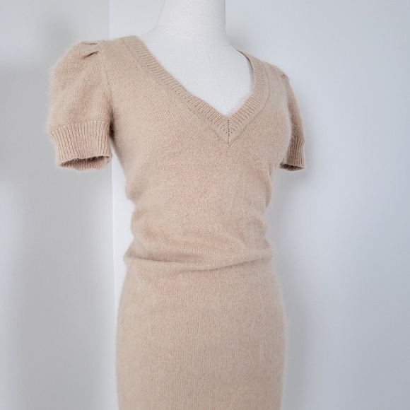 *Free with Purchase* Angora Puff Sleeve Mini Dress Tan V-neck Soft - Picture 12 of 12